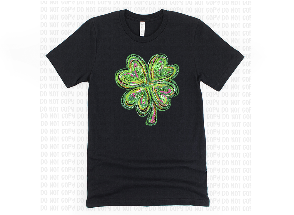 St. Patrick's Day T-Shirt with Faux Glitter Shamrock | Festive Holiday Top in Mint or Black, Sizes XS-3XL