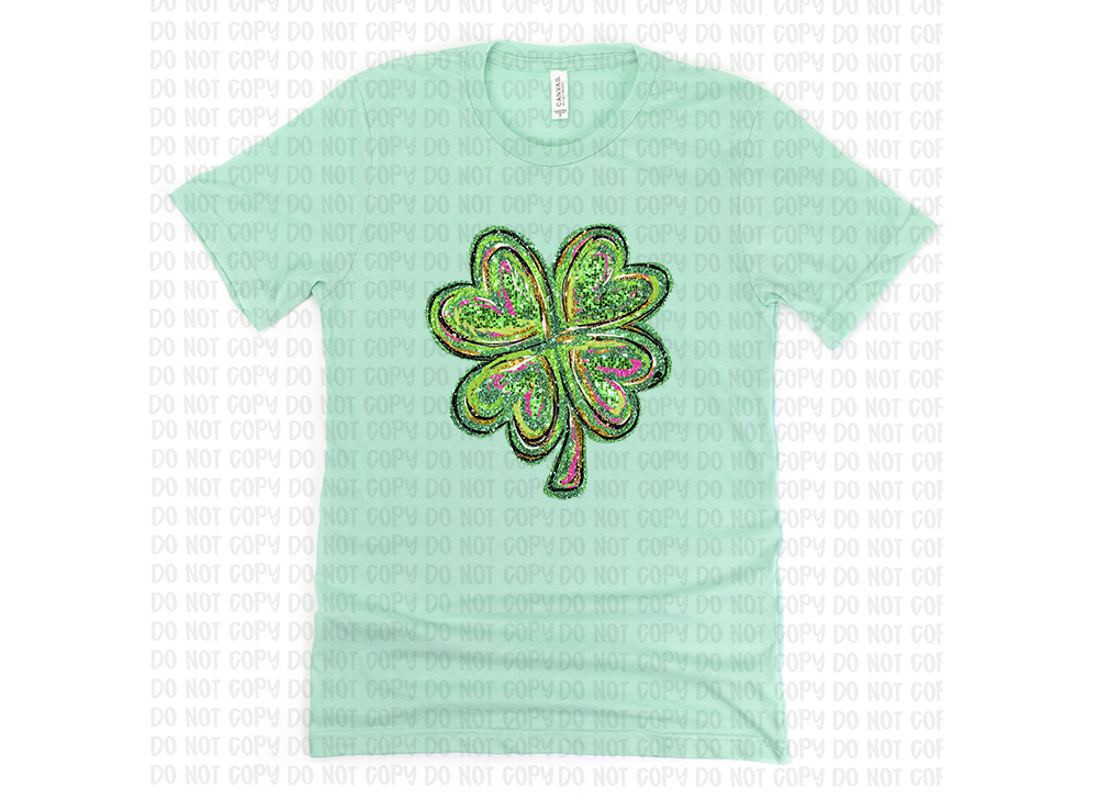 St. Patrick's Day T-Shirt with Faux Glitter Shamrock | Festive Holiday Top in Mint or Black, Sizes XS-3XL