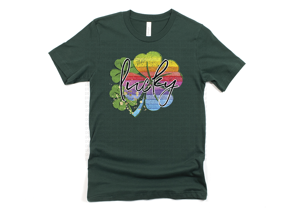 Lucky Rainbow Clover T-Shirt for St. Patrick's Day & Pride Month - Forest Green Unisex Tee