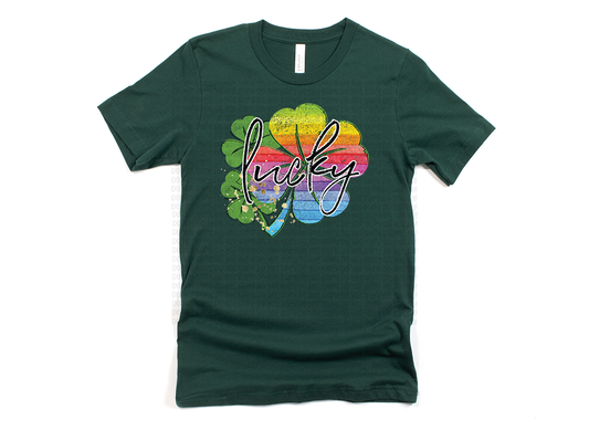 Lucky Rainbow Clover T-Shirt for St. Patrick's Day & Pride Month - Forest Green Unisex Tee